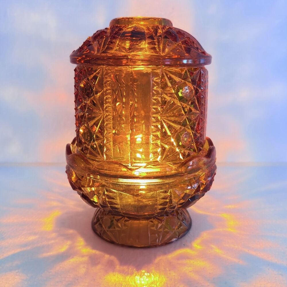 Vintage Indiana Amber Glass Fairy Lamp Stars & Bars W/ Candle Holder Tea Light